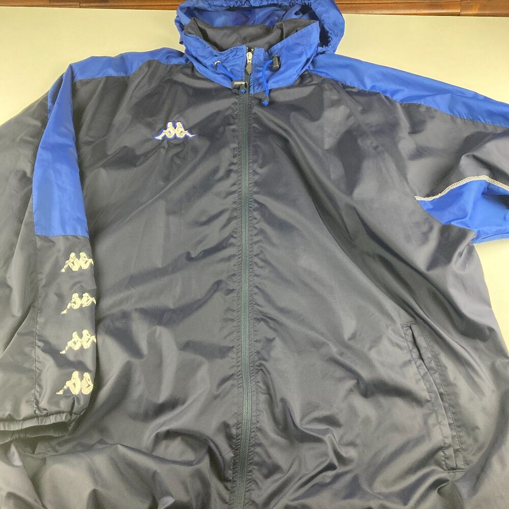 Kappa Windbreaker Jacket Mens XXL Blue Hooded Full Zip Stowaway Hood Nylon